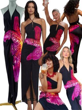 🆕 RAT & BOA 🧿 NWOT Pascala Tropical Orchid Ruched Maxi Dress, Black - Sz XS